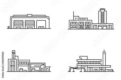 Collection of industrial warehouse and factory building line art sketches