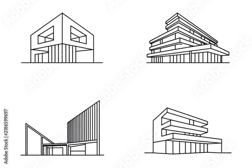 Contemporary residential and office building architectural line drawings