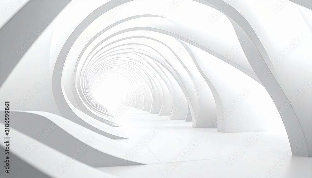 Fototapeta premium An abstract 3D render of a bright white curved tunnel. This minimalist architectural space, with nobody present, evokes serenity, futuristic progress, and endless possibilities for design concepts.
