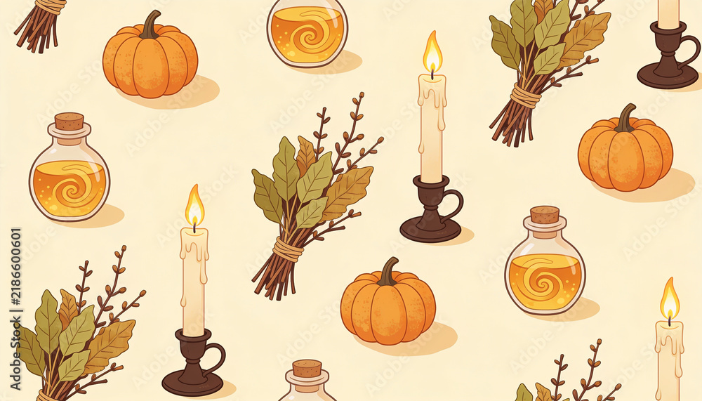 Potion bottle seamless pattern halloween pumpkin candle light witch magic spell herbal bundle autumn season ritual object alchemy potion flask mystical art cozy halloween vector background design.