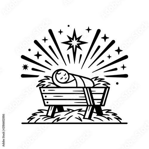 Nativity Scene with Baby Jesus in Manger Hand-Drawn Illustration