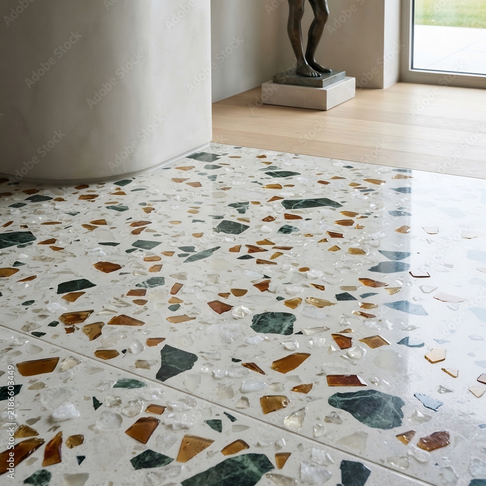 Fototapeta premium Modern terrazzo floor with recycled amber beer bottle glass and marble chips in contemporary interior architecture, sustainable design concept.