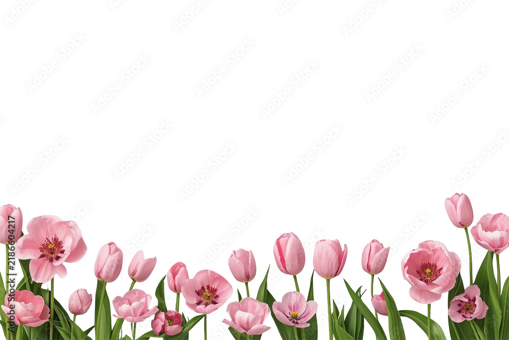 Obraz premium Pink tulip and poppy flower border