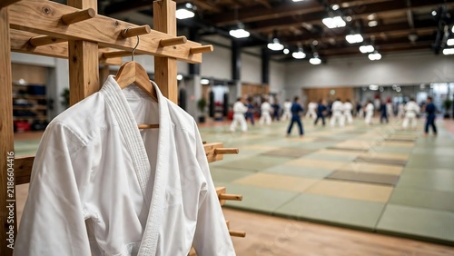 Plakat w ramie Kimono Martial Arts Uniform Hanging on Wooden Rack in Dojo Training Hall with Blurred Students Practicing Karate Judo or Taekwondo for Sports Center Brochure