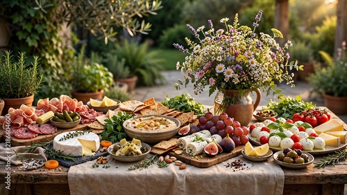 Plakat w ramie Prosciutto Mozzarella Cheese Garden Buffet Table with Caprese Salad Wildflowers Hummus and Charcuterie Spread for Outdoor Summer Party Catering and Celebration Dining
