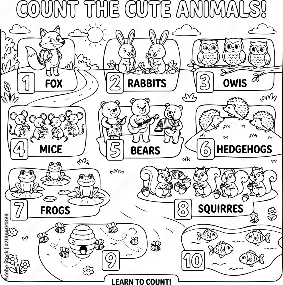 Fototapeta premium Cute cartoon animals counting educational illustration Vector, illustration