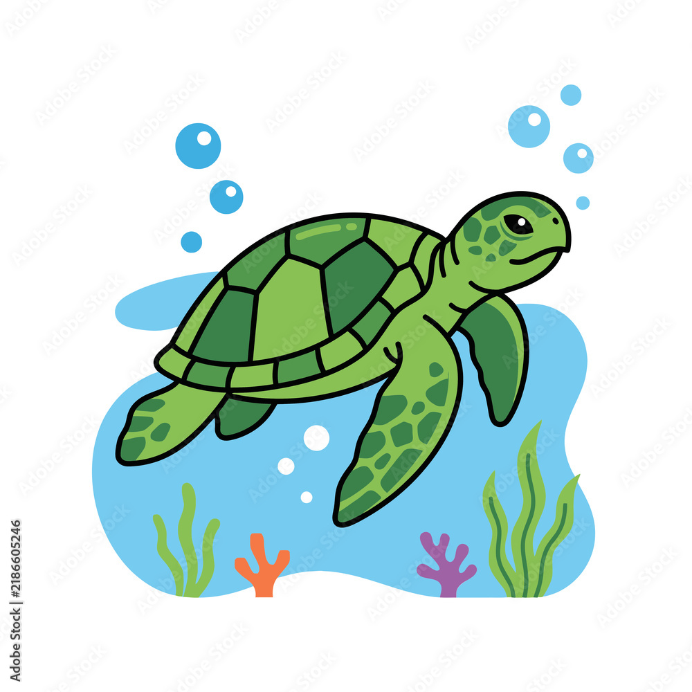 Fototapeta premium Cute baby sea turtle swimming underwater with bubbles and seaweed isolated on white