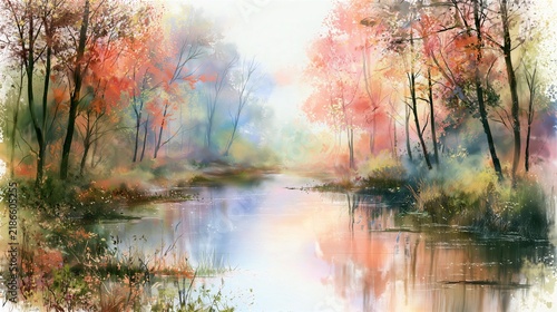 Calm River Flowing Through An Autumn Forest Painted In Delicate Watercolor Style Concept Of Fall Season Serenity Peaceful Nature Landscape And Seasonal Background