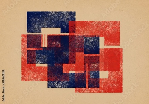 Obraz w ramie Abstract art of distressed overlapping squares with grainy texture and weathered finish in navy blue and brick red on a tan paper backdrop, texture, grainy, aged