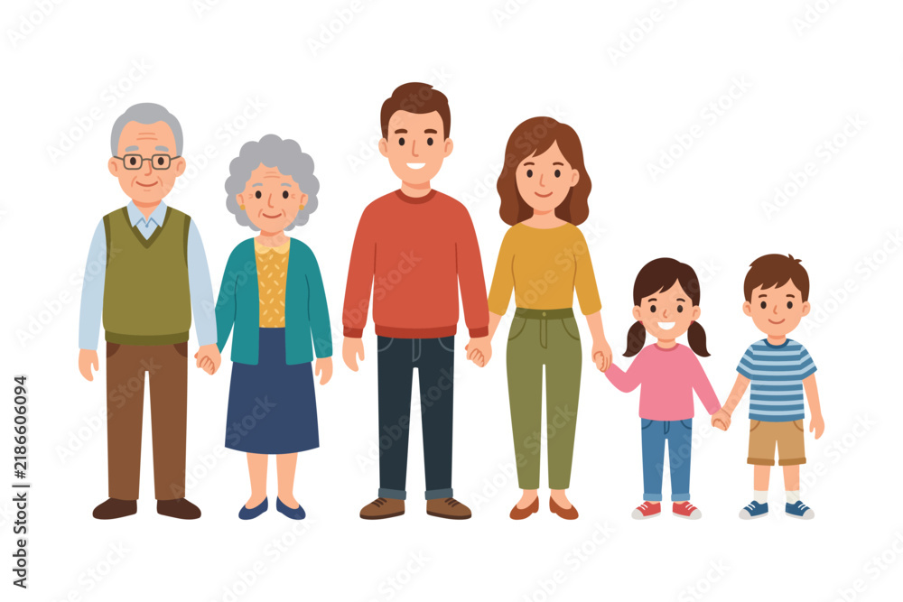 Obraz premium Happy Multigenerational Family Standing Together – Grandparents, Parents and Children Family Unity Illustration