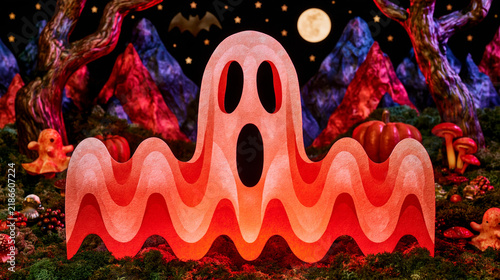 Layered ghost appearing in a haunted Halloween forest with pumpkins, mushrooms, and a full moon night