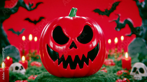 Red jack o' lantern on mossy ground, surrounded by burning candles, skulls, and bats on a vibrant red background