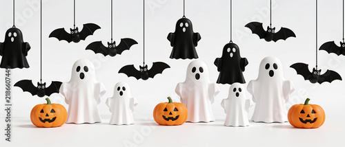 Halloween cute ghosts black bats hanging pumpkins banner background spooky party decor minimal character set autumn october holiday design element scary night monster cute flying bat graphic art.