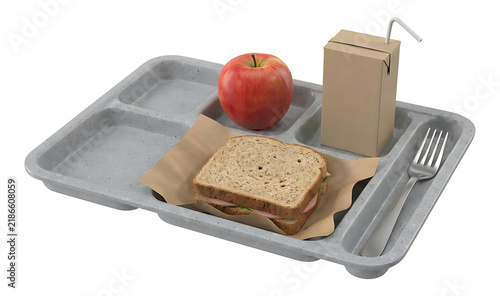 School lunch tray with sandwich, apple, and juice box isolated on transparent background