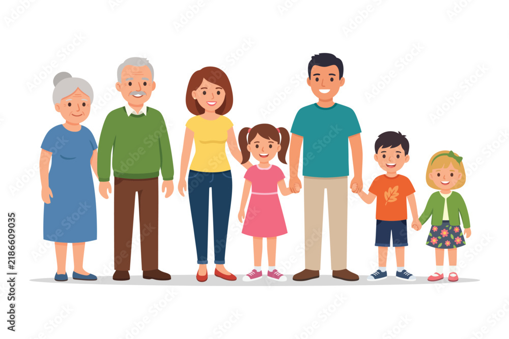 Fototapeta premium Happy Multigenerational Family Standing Together – Grandparents, Parents and Children Family Unity Illustration