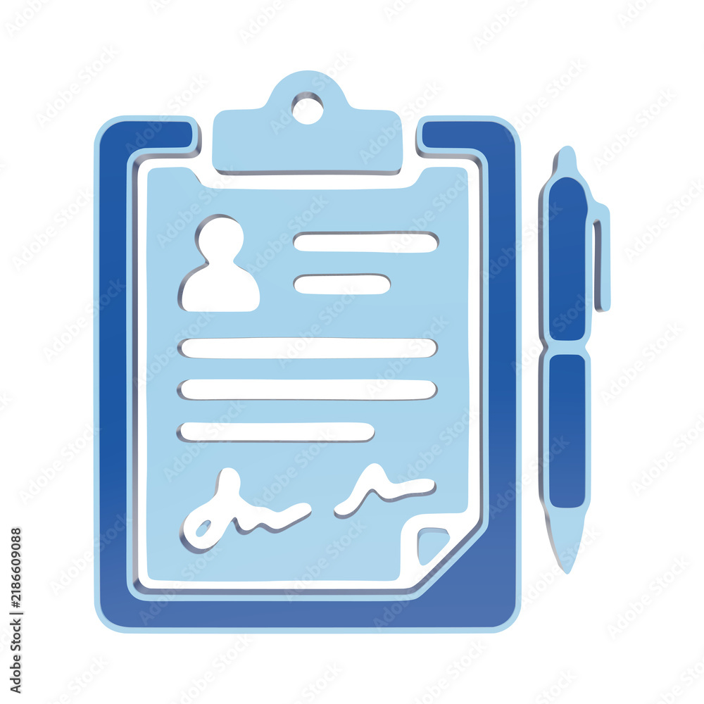 Obraz premium A 3D icon of a clipboard with a document and a pen, rendered in blue and light blue colors as a symbol on a transparent background, for business tasks isolated on a transparent background