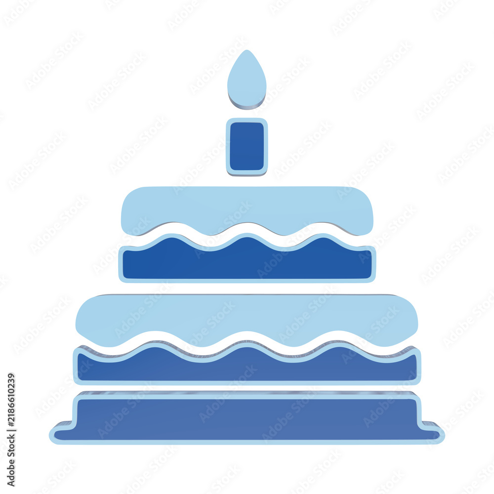 Obraz premium A blue two-tiered birthday cake icon with a single lit candle on rendered in a flat style with a light blue outline on a white background isolated on a transparent background