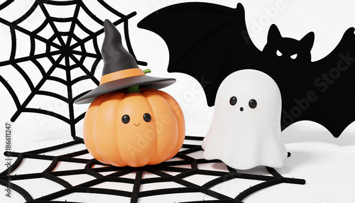 Halloween pumpkin ghost bat, spooky pumpkin witch hat spiderweb, halloween 3d cartoon character set, cute ghost pumpkin bat web design, halloween party banner graphic, cute spooky pumpkin ghost.