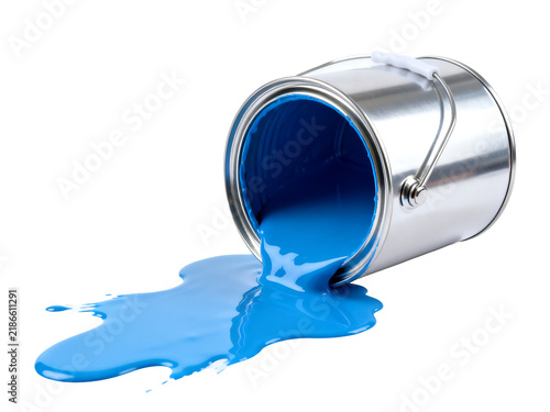 [Transparent Background PNG]Blue Paint Spilling from Metal Can on White Background