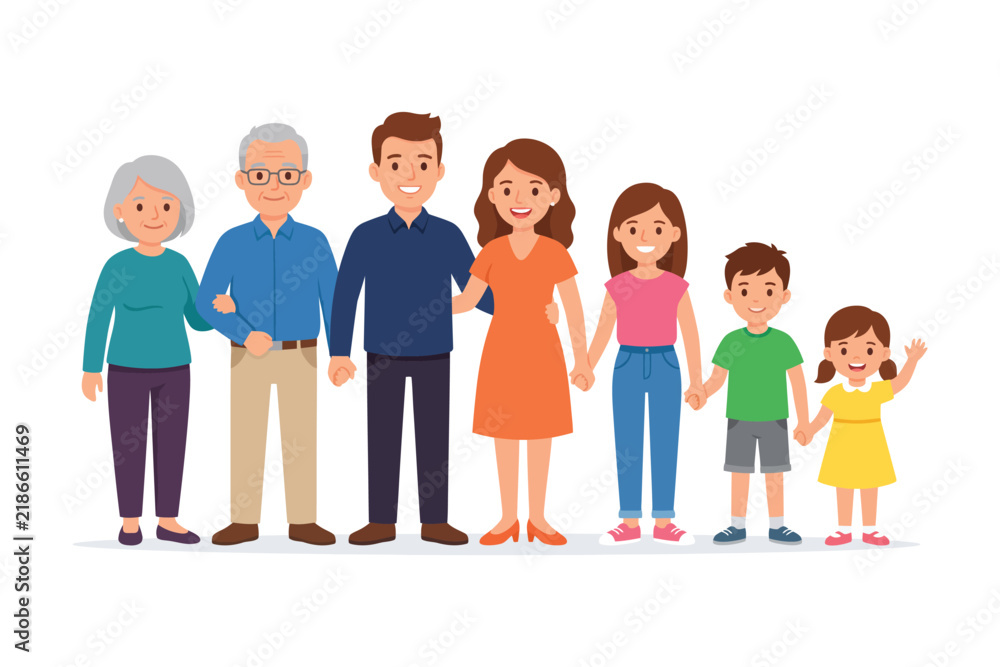 Fototapeta premium Happy Multigenerational Family Standing Together – Grandparents, Parents and Children Family Unity Illustration