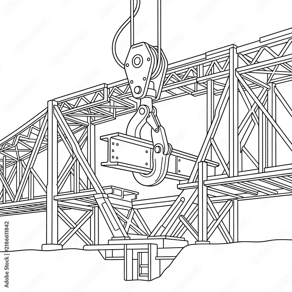 Naklejka premium Industrial Bridge Construction Line Art with Crane and Steel Beam