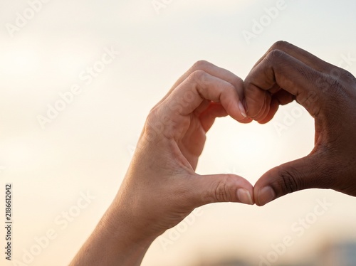 Two diverse hands, one light-skinned and one dark-skinned, forming a heart shape against a soft, bright background, symbolizing love and unity.