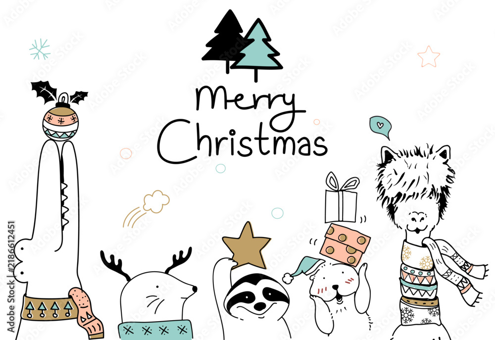 Fototapeta premium Hand drawn animals wishing a Merry Christmas