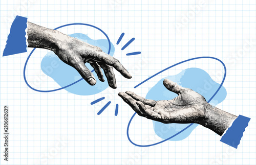 Hands reaching toward each other in a handshake, retro halftone hands cut from vintage newspaper, string-tied body parts, shaking hands, business agreement, deal making, mutual support, assistance