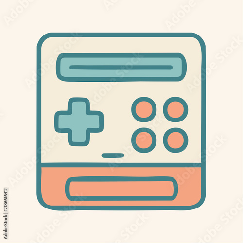 A minimalist vector icon depicts a retro handheld video game console in pastel colors.