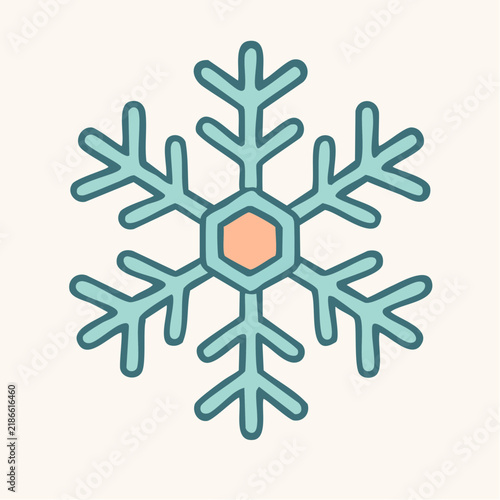 A stylized flat vector illustration of a light blue snowflake with an orange hexagon.