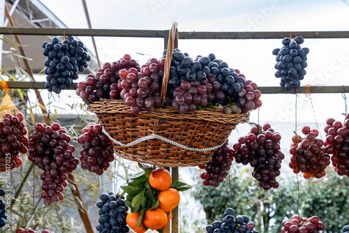 Wicker basket overflowing with grapes, surrounded by hanging grape bunches and tangerines
