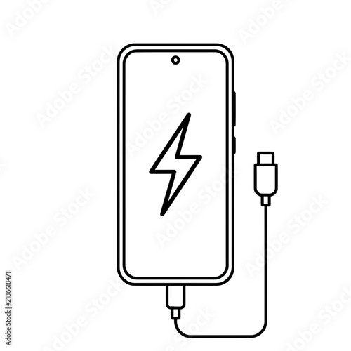 Smartphone charging with cable and lightning bolt icon