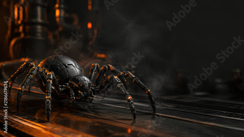 Halloween arachnid scene with black spider crawling across dark metallic surface amid dramatic shadows and eerie industrial atmosphere