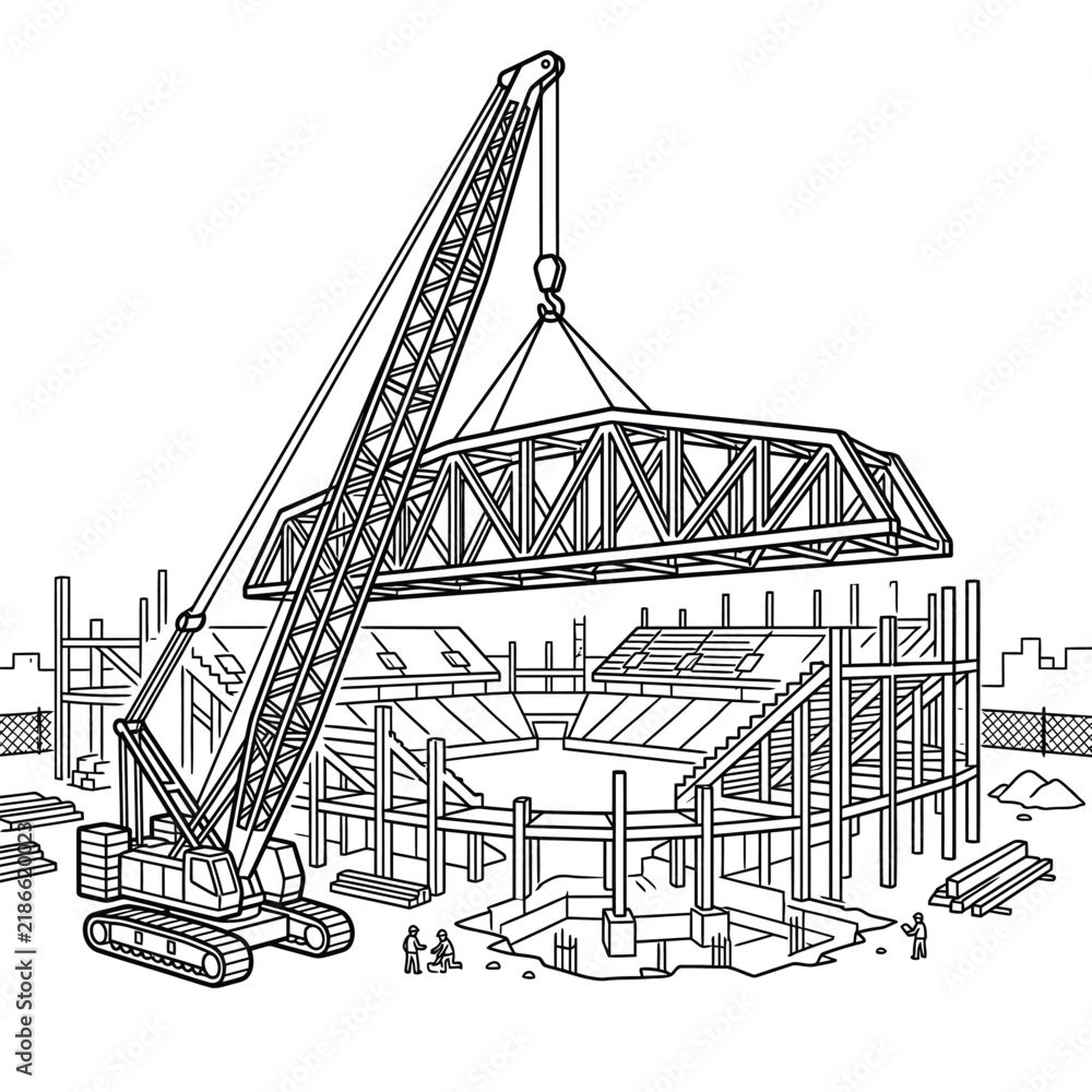 Fototapeta premium Construction Site Coloring Page with Crane Lifting Stadium Steel Truss