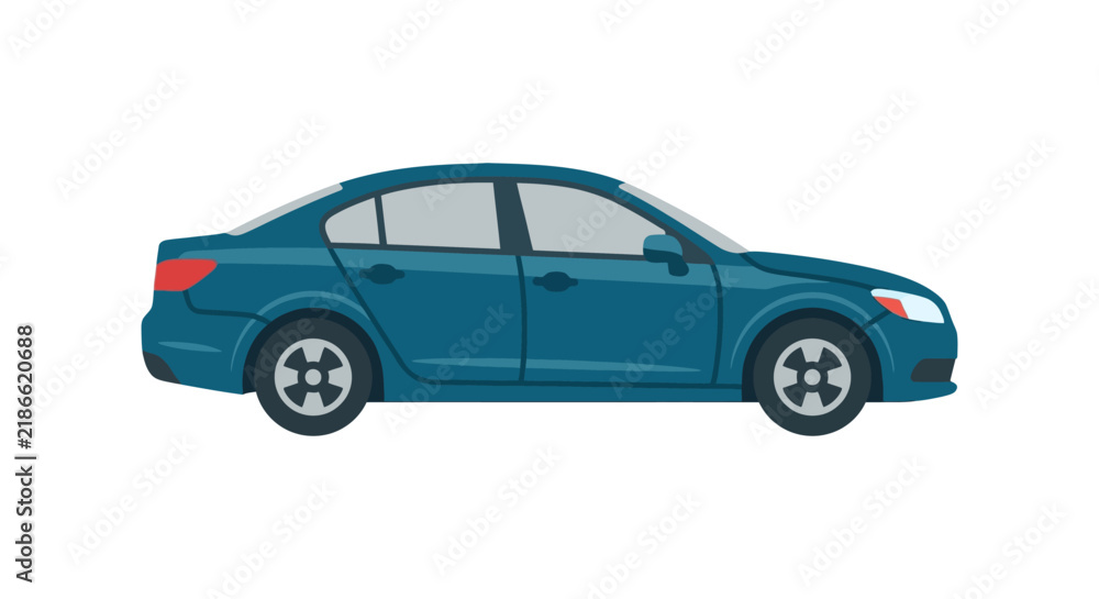 Fototapeta premium Side view of a blue modern sedan car isolated on white background.