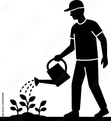 A silhouette illustration of a person wearing a cap and casual clothing, watering small plants with a watering can