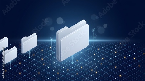Naklejka Digital data folders on a network grid with glowing nodes