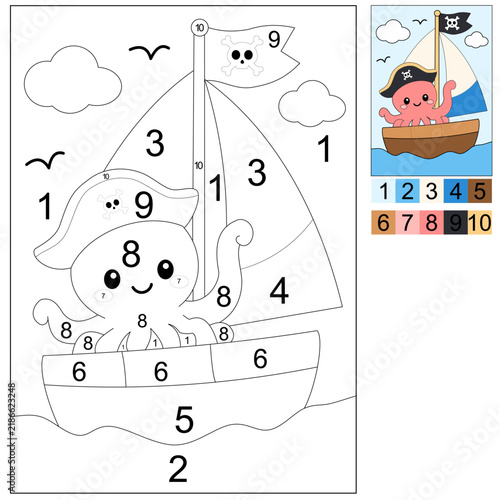 Fun pirate octopus color by number printable worksheet for kids! Great educational activity page to learn numbers, colors, fine motor skills, and creativity for preschool and kindergarten learners