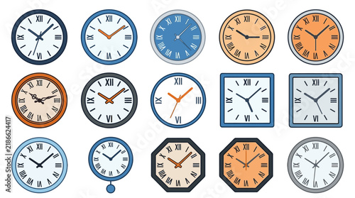 Set of various analog wall clocks with roman numerals.