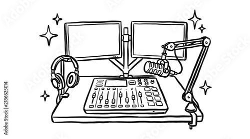 Doodle Radio Station Setup: Dual Monitors, Mixer, Headphones, Microphone