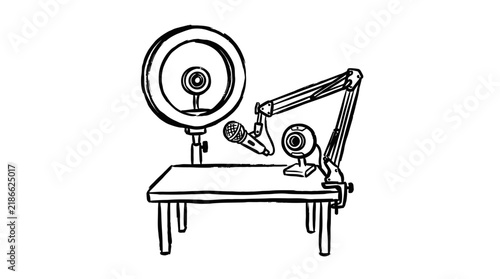 Streaming Setup: Ring Light, Microphone, Webcam on Desk, Isolated
