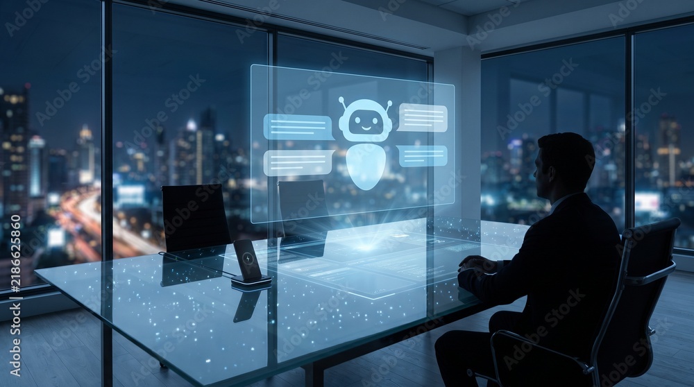 Obraz premium Wide establishing view of modern office with AI conversational chatbot holographically projected