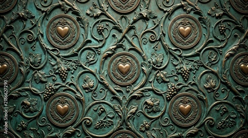 Antique bronze heart relief pattern with ornate vine scrollwork on green patina metal, vintage romantic background for wedding and love concepts.