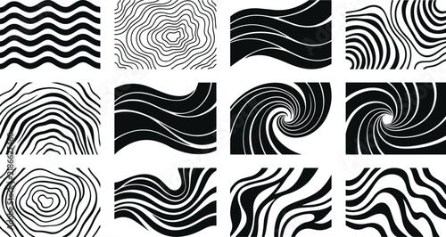 Abstract Wavy Lines Psychedelic Optical Illusion and Swirl Pattern Icons Set