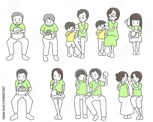 日常生活を過ごす家族と人物のイラストセット