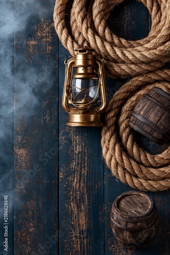 Rustic wooden background with vintage lantern, coiled rope, and barrels for maritime branding