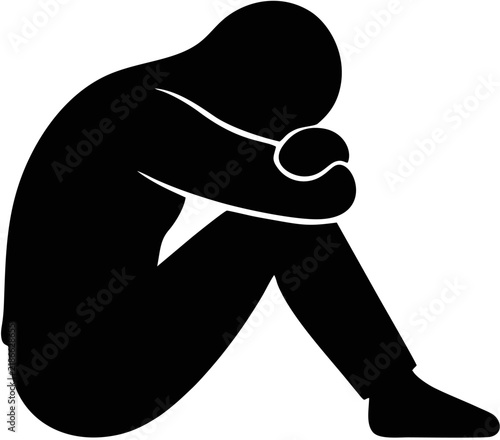 Flat vector silhouette of depressed person sitting on floor hugging knees