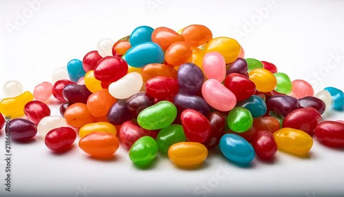 assorted colorful jelly beans lollies and candies scattered against a white background