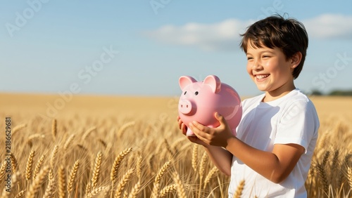 Happy young boy holding a pink piggy bank in a golden wheat field under a blue sky with white clouds, representing savings, childhood, and financial security