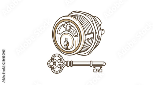 Vintage Lock Cylinder and Skeleton Key Isolated Illustration